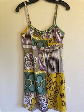CAbi Patchwork Beaded Mini Dress in Mustard, Teal & Lavender